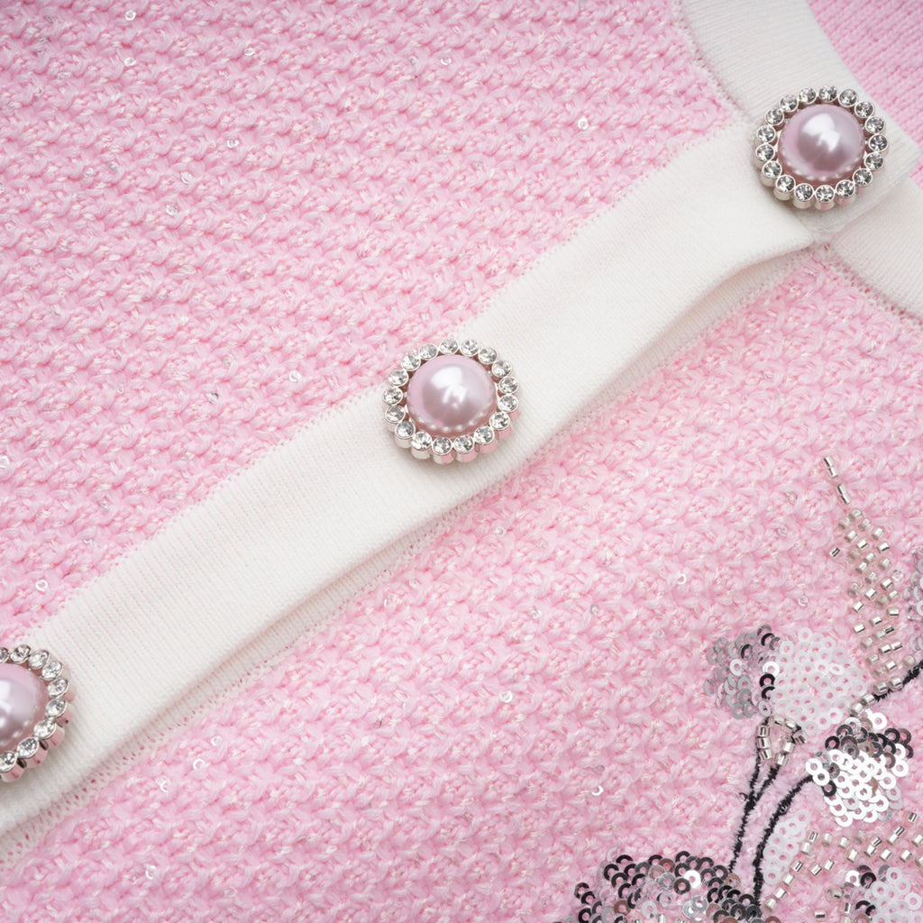 Shirley Sequined Knit Cardigan & Skirt Set - Pink