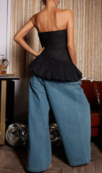 Flowering Girl Women Strapless Flower Pleated Top In Black