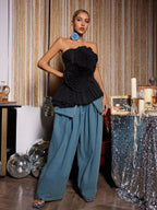 Flowering Girl Women Strapless Flower Pleated Top In Black