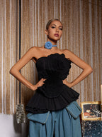 Flowering Girl Women Strapless Flower Pleated Top In Black