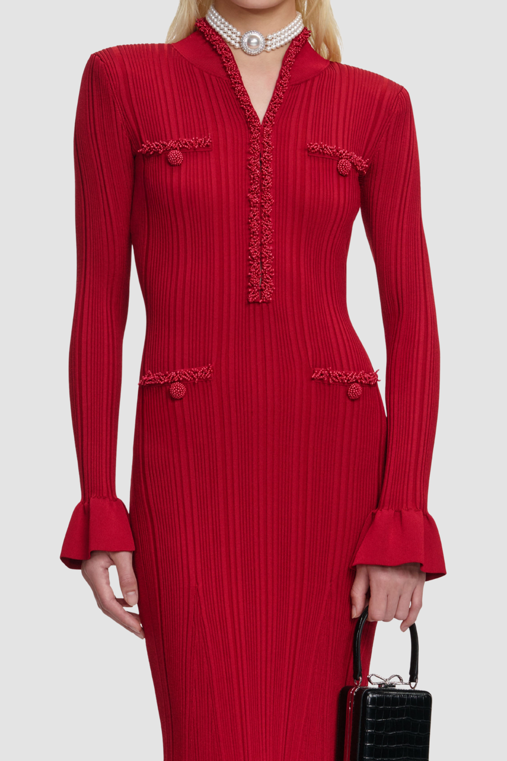 Austio Pearl Trim Knit Midi Dress