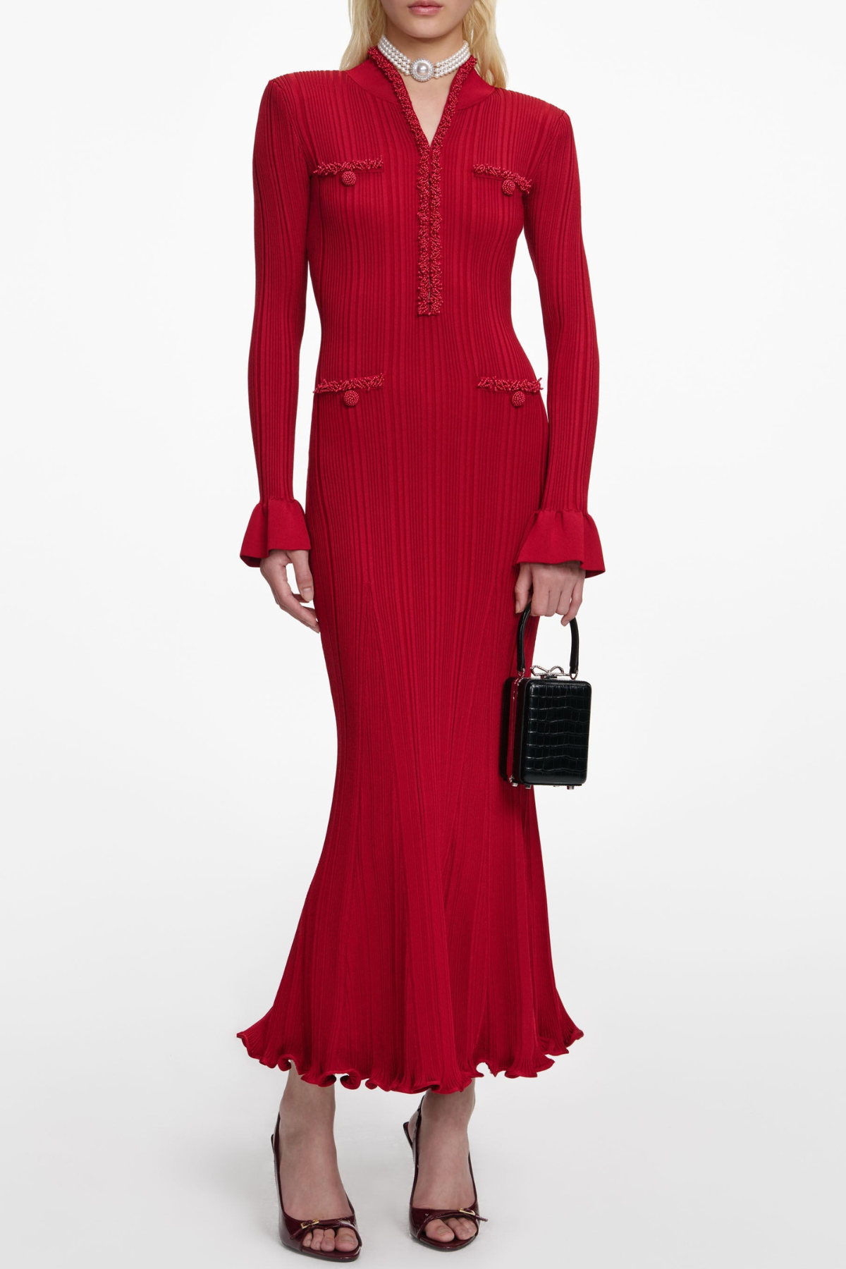 Austio Pearl Trim Knit Midi Dress
