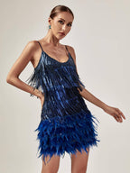 Flowering Girl Women Tassel Feather Mini Dress In Royal Blue