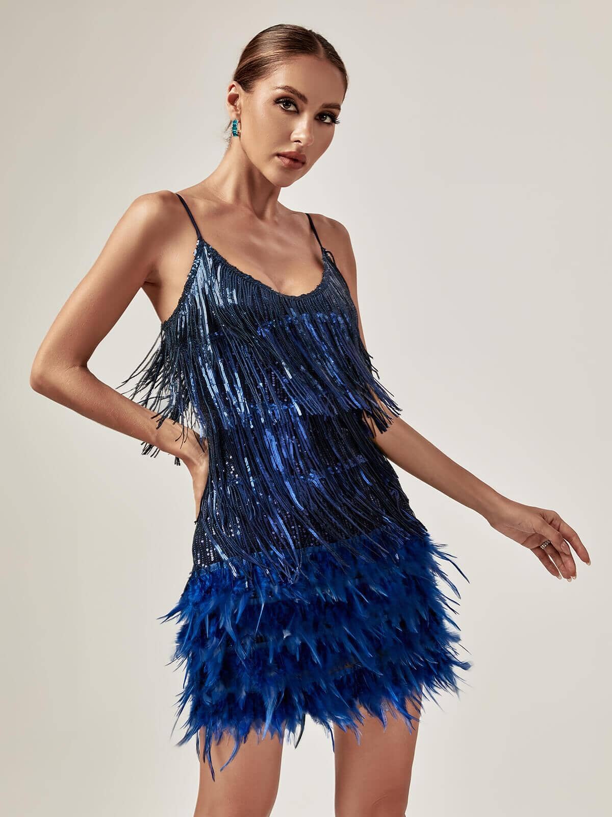 Flowering Girl Women Tassel Feather Mini Dress In Royal Blue