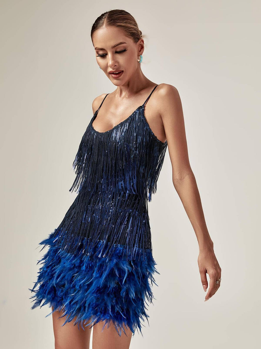 Flowering Girl Women Tassel Feather Mini Dress In Royal Blue