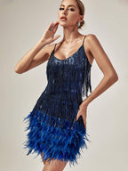 Flowering Girl Women Tassel Feather Mini Dress In Royal Blue
