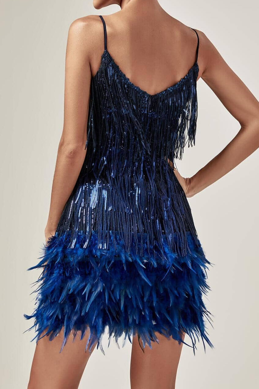 Flowering Girl Women Tassel Feather Mini Dress In Royal Blue