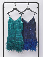 Emerald Tassel Feather Mini Dress