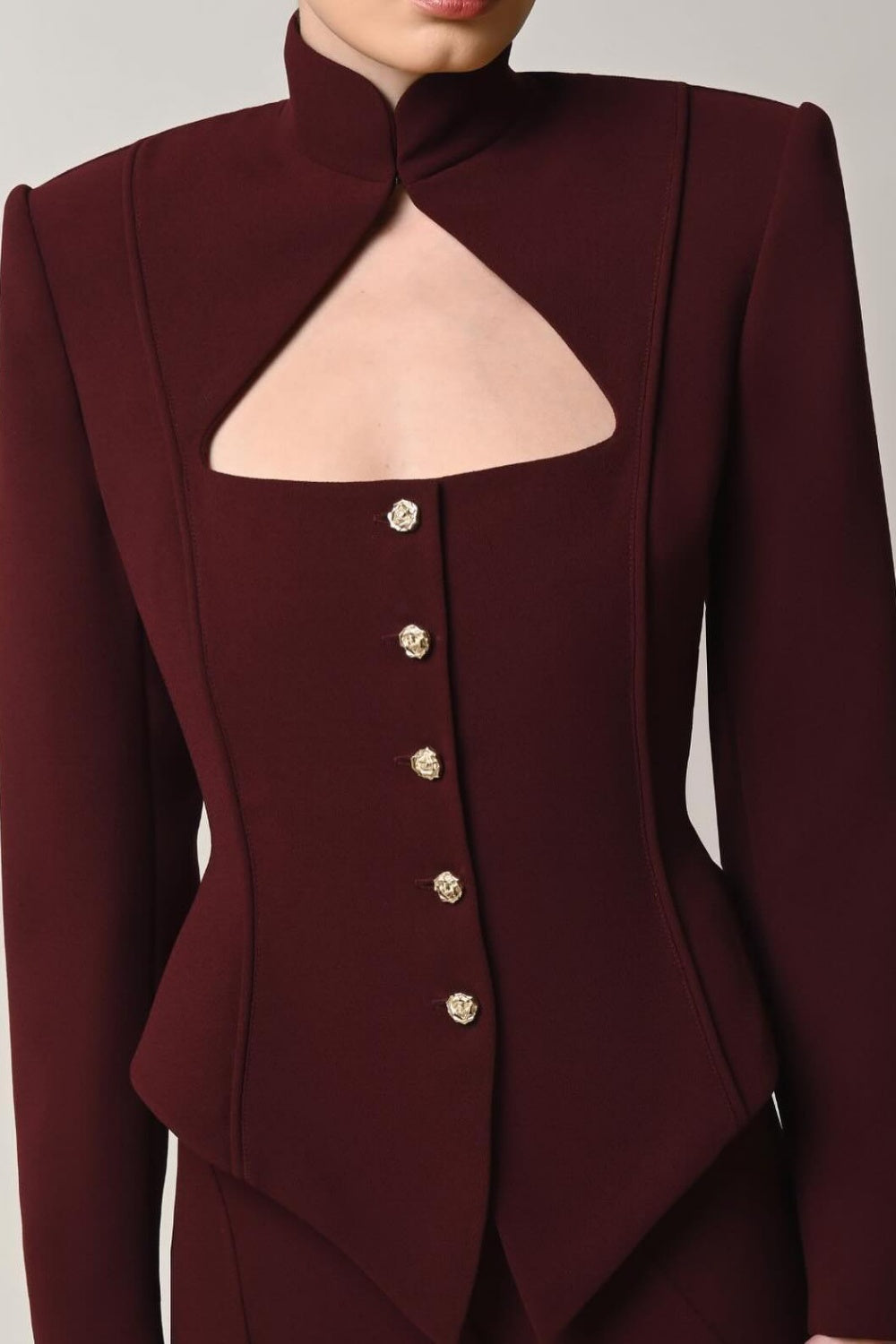 Flowering Girl Women Aymee Cutout Button Blazer in burgundy