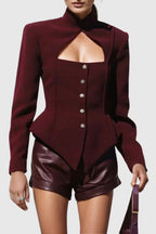 Flowering Girl Women Aymee Cutout Button Blazer in burgundy