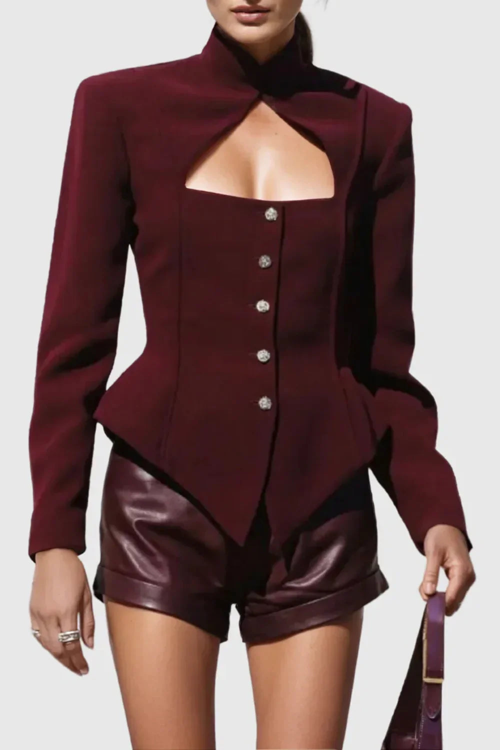 Flowering Girl Women Aymee Cutout Button Blazer in burgundy