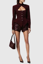 Flowering Girl Women Aymee Cutout Button Blazer in burgundy