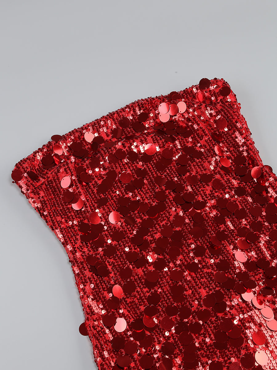 Flowering Girl Women Sequin Strapless Mini Red Dress