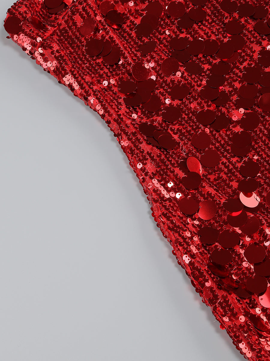Flowering Girl Women Sequin Strapless Mini Red Dress