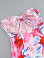 Flowering Girl Women Strapless Large Bow Decorated Printed Hip Mini Dress