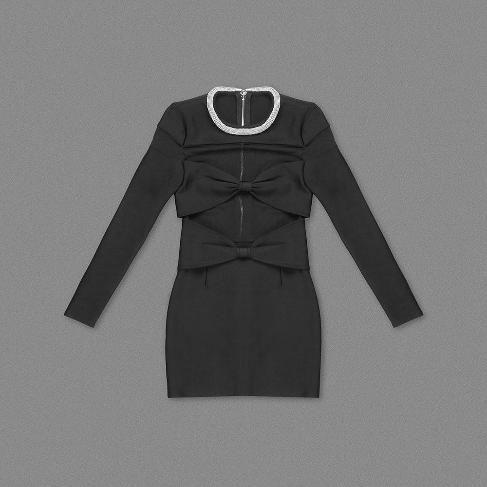 Flowering Girl Women Long Sleeve Crystal Neckline Mini Dress