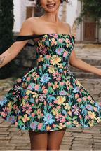 simona Colorful print A Line Strap Satin mini Dress
