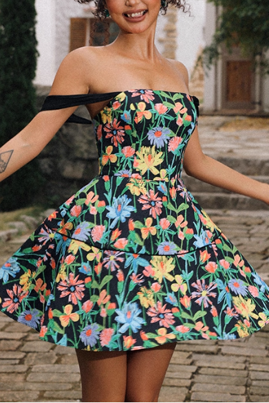 simona Colorful print A Line Strap Satin mini Dress