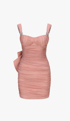 Flowering Girl Women Bow Detail Pleated Mini Dress With Gloves In Pink