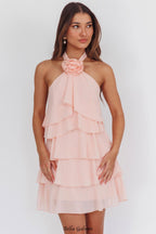 rebecca Halterneck Ruffle Mini Dress in pink