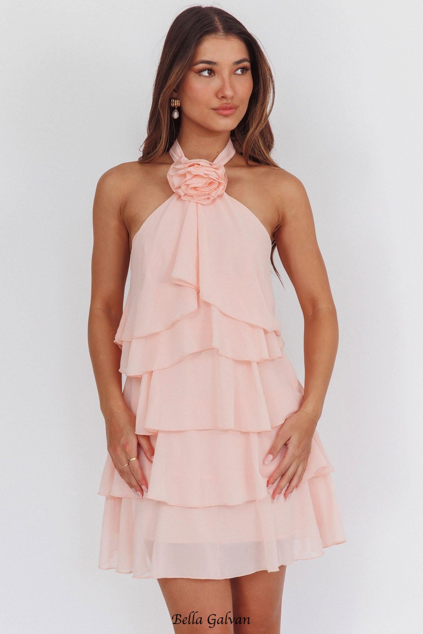 rebecca Halterneck Ruffle Mini Dress in pink