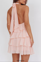 rebecca Halterneck Ruffle Mini Dress in pink