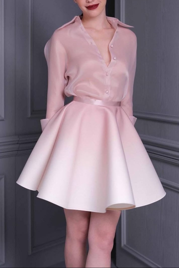 Roberta Pink Long Sleeve Silk Shirt Mini Skirt Set