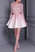 Roberta Pink Long Sleeve Silk Shirt Mini Skirt Set