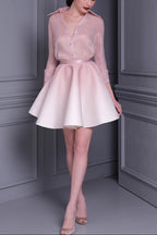 Roberta Pink Long Sleeve Silk Shirt Mini Skirt Set