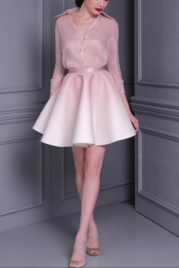 Roberta Pink Long Sleeve Silk Shirt Mini Skirt Set