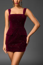Flowering Girl Women Backless Crisscross Tie Pocket Decoration Sequin Velvet Dress