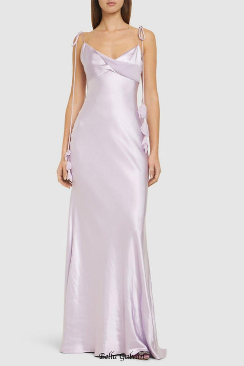 Flowering Girl Women Bahari Floral Ribbon Satin Maxi Dress in purple