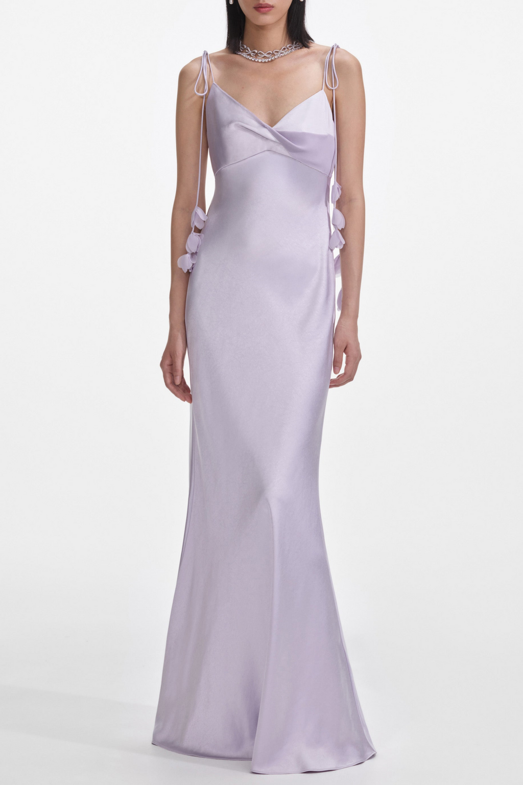 Flowering Girl Women Bahari Floral Ribbon Satin Maxi Dress in purple
