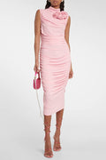 Flowering Girl Women Ruched Flower Midi Dress