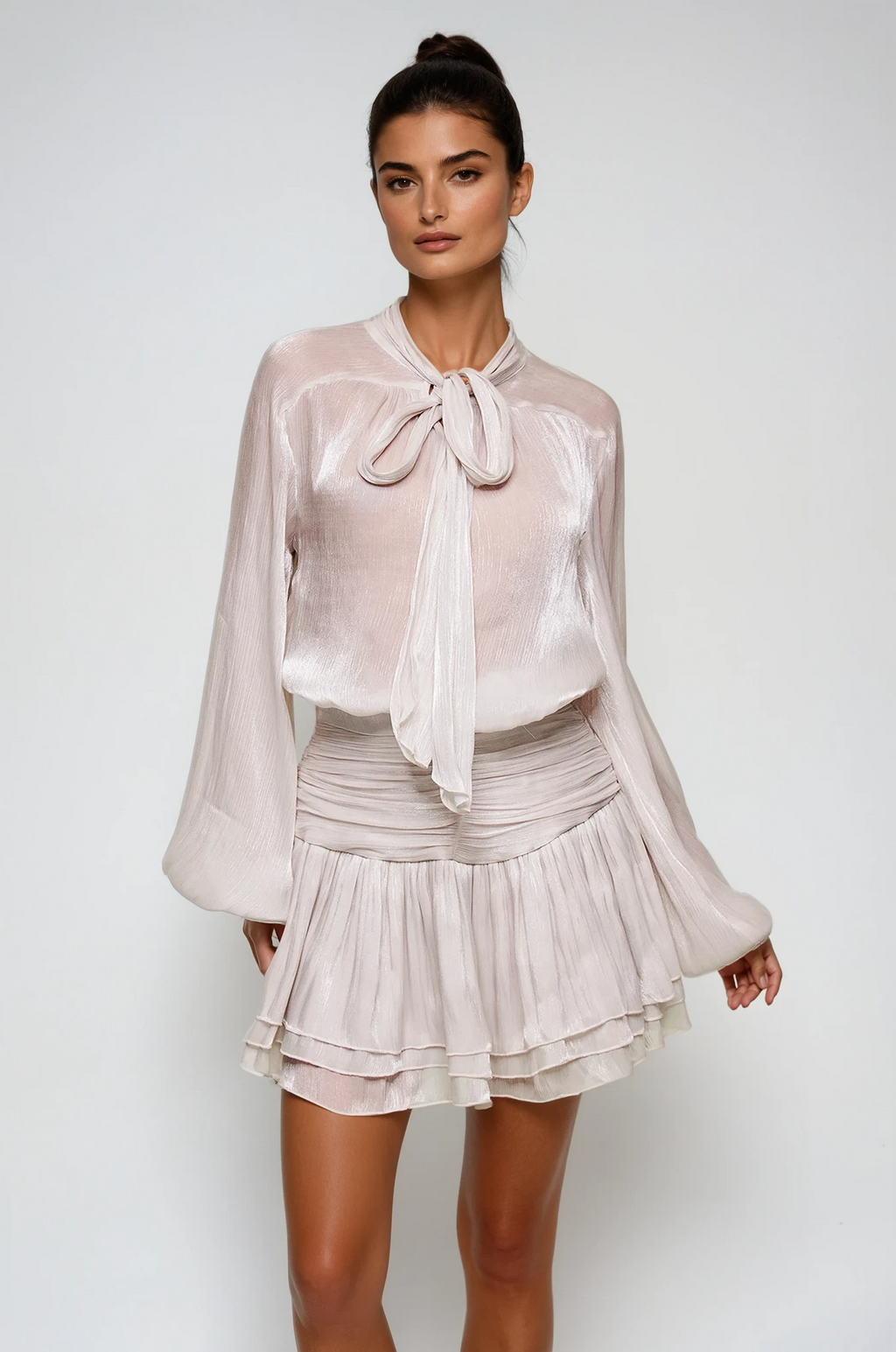 Flowering Girl Women Bayleigh Lace Up Ruch Mesh Skirt Set In Sliver