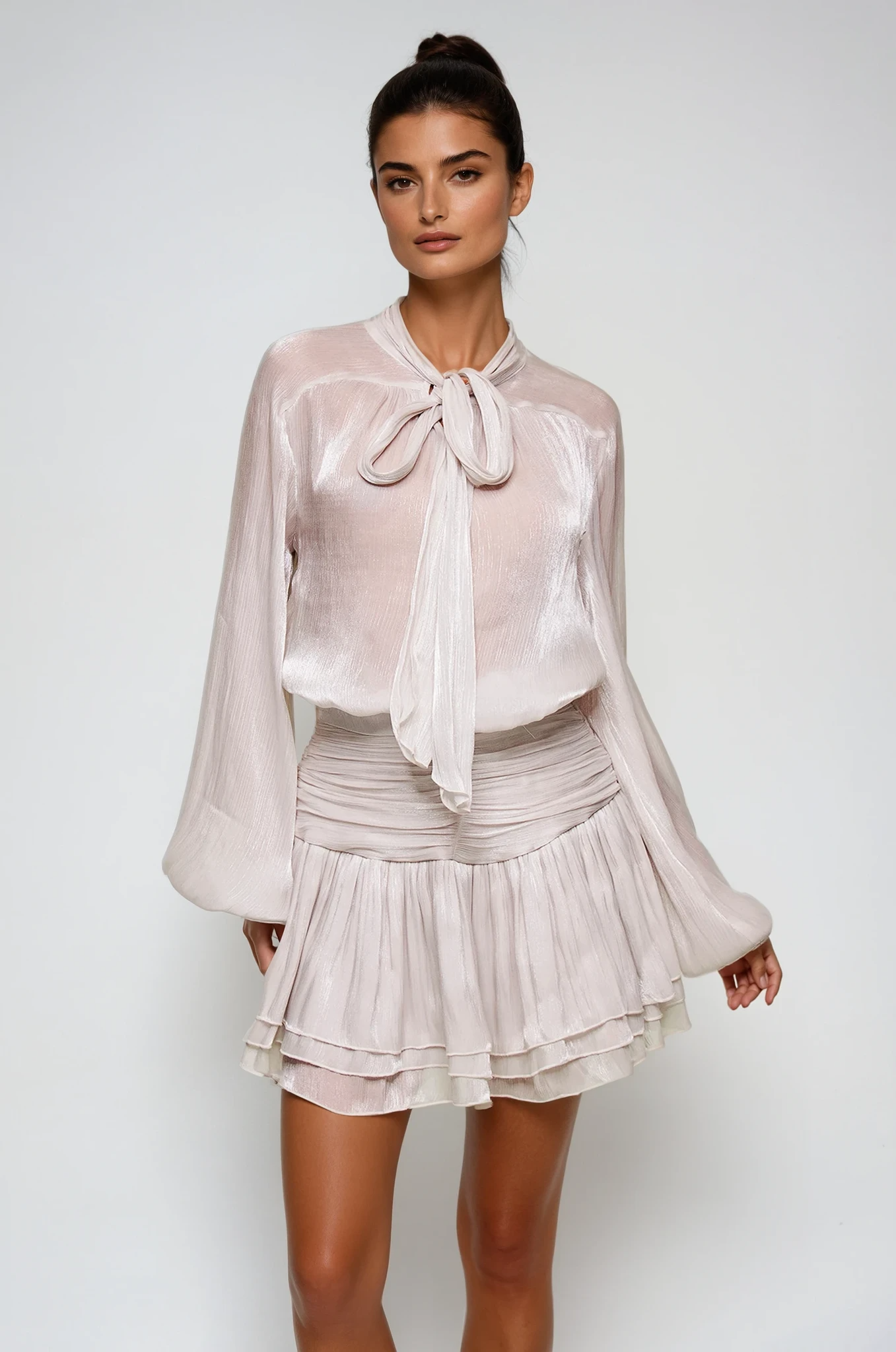 Flowering Girl Women Bayleigh Lace Up Ruch Mesh Skirt Set In Sliver