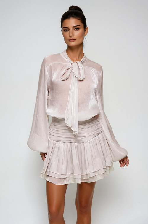 Flowering Girl Women Bayleigh Lace Up Ruch Mesh Skirt Set In Sliver