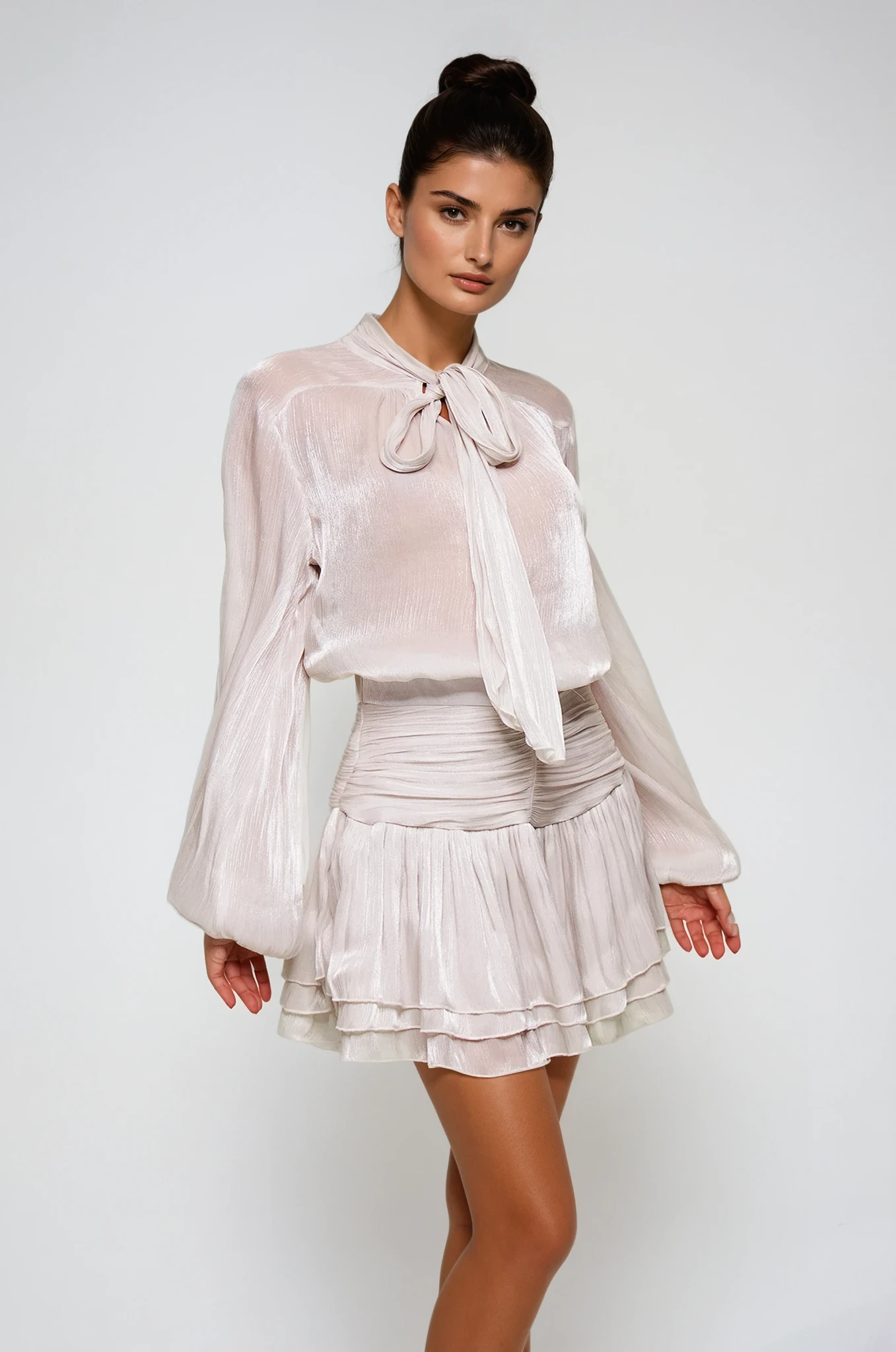 Flowering Girl Women Bayleigh Lace Up Ruch Mesh Skirt Set In Sliver