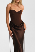 Flowering Girl Women Beatrix Strapless Corset Satin Maxi Dress - Brown
