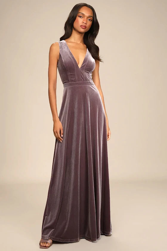Flowering Girl Women Beautiful Night Dusty Purple Velvet Sleeveless Maxi Dress