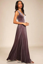 Flowering Girl Women Beautiful Night Dusty Purple Velvet Sleeveless Maxi Dress