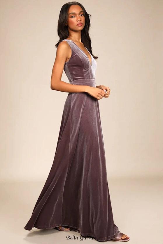 Flowering Girl Women Beautiful Night Dusty Purple Velvet Sleeveless Maxi Dress