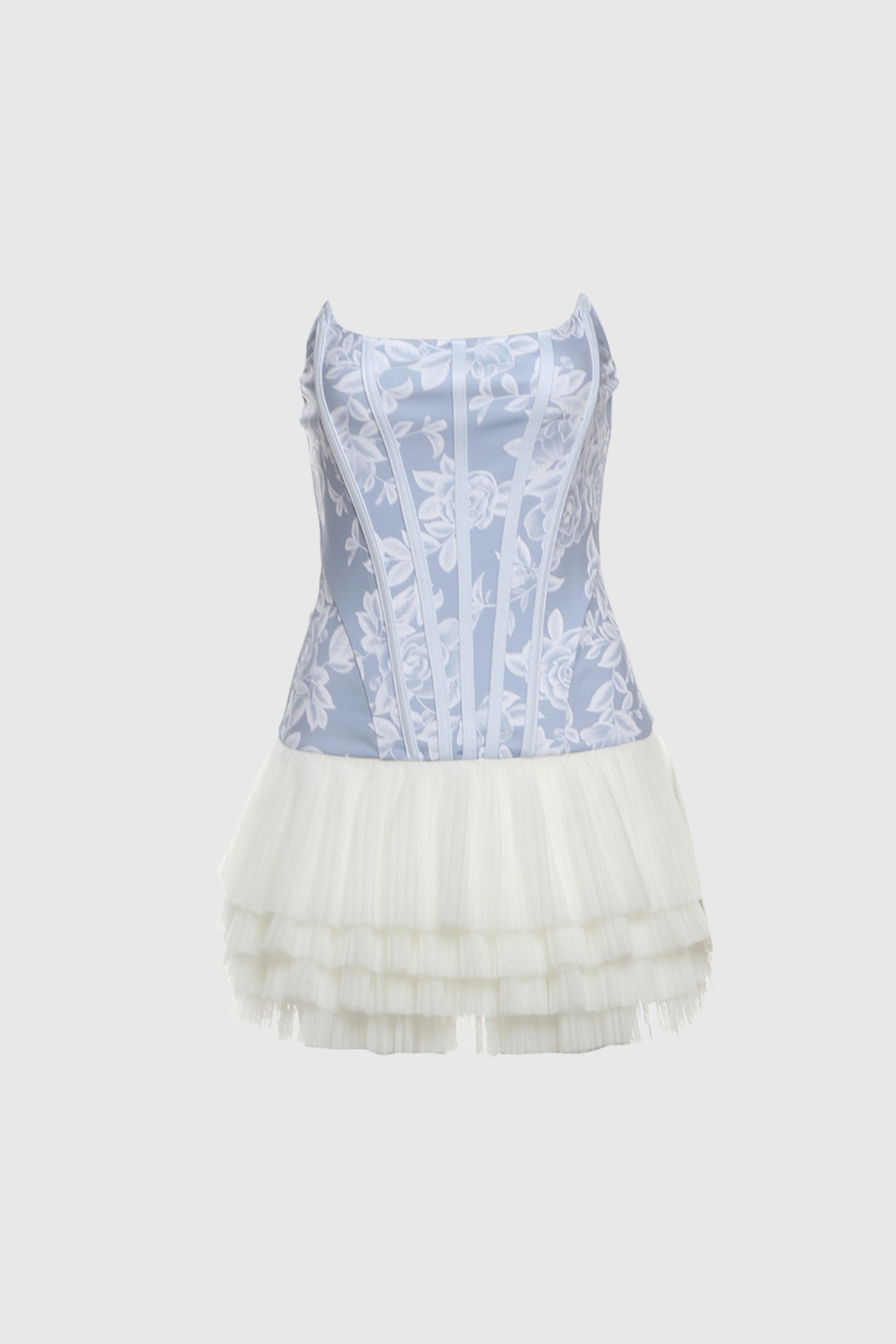 Flowering Girl Women Beda Strapless Floral Mesh Ruch Mini Dress In Blue