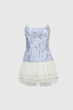 Flowering Girl Women Beda Strapless Floral Mesh Ruch Mini Dress In Blue