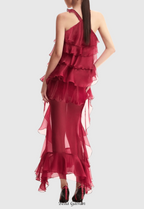 eunice Floral Halter Chiffon Ruffle Midi Dress in red