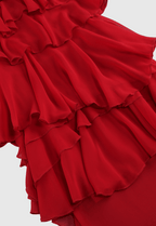 eunice Floral Halter Chiffon Ruffle Midi Dress in red