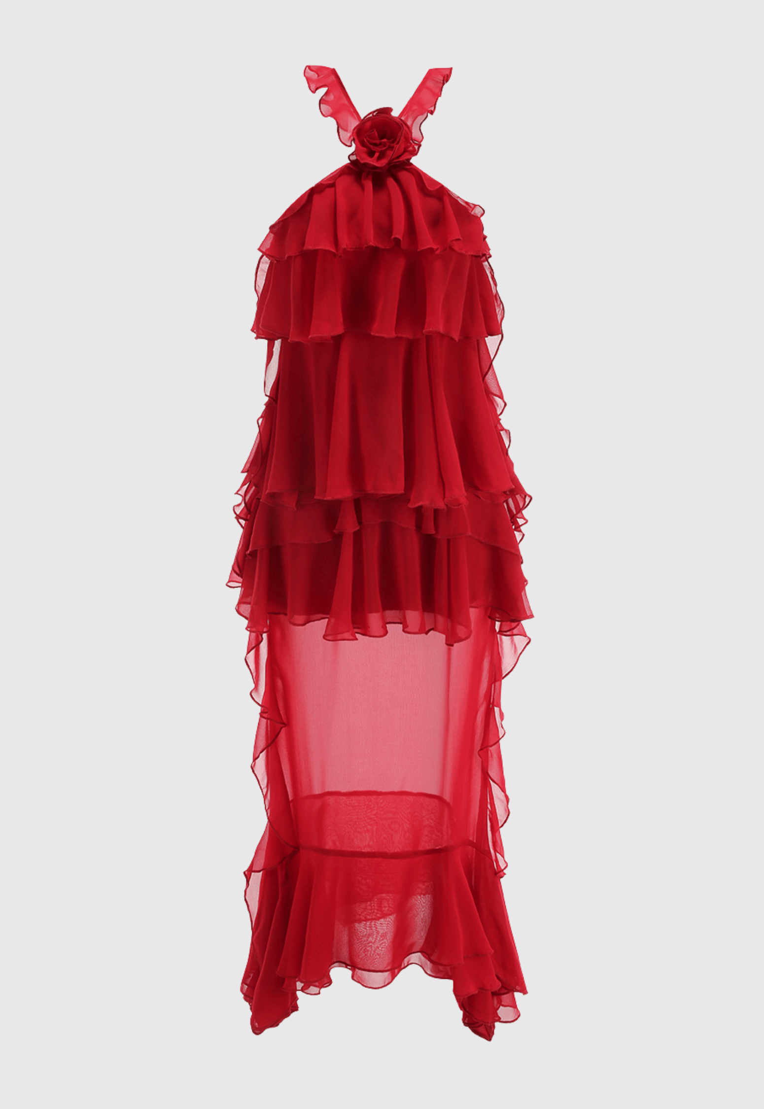 eunice Floral Halter Chiffon Ruffle Midi Dress in red
