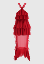 eunice Floral Halter Chiffon Ruffle Midi Dress in red