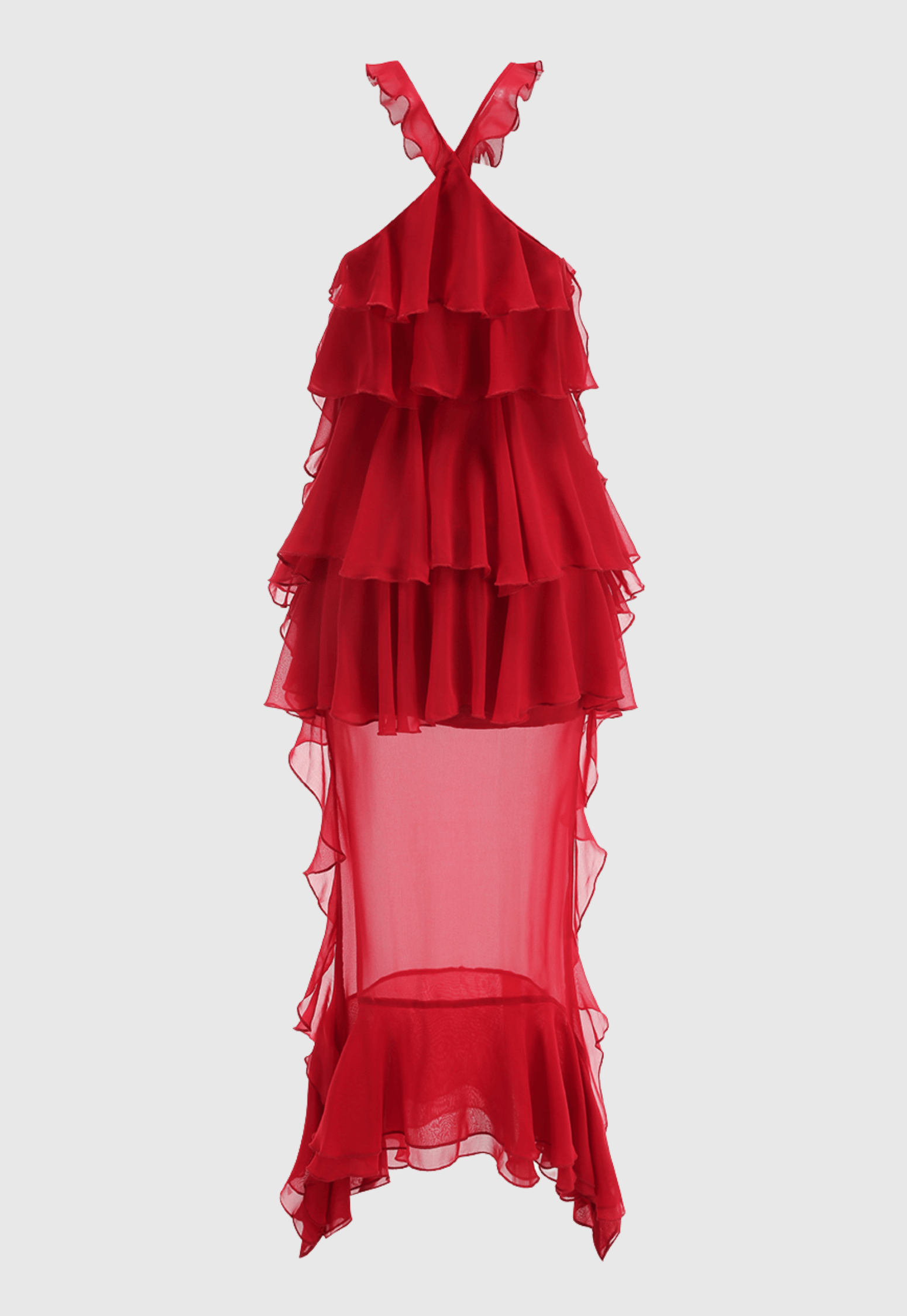 eunice Floral Halter Chiffon Ruffle Midi Dress in red