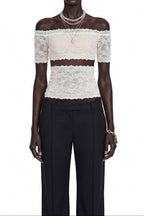 Flowering Girl Women Off Shoulder Sheer Lace Cutout Crop Top
